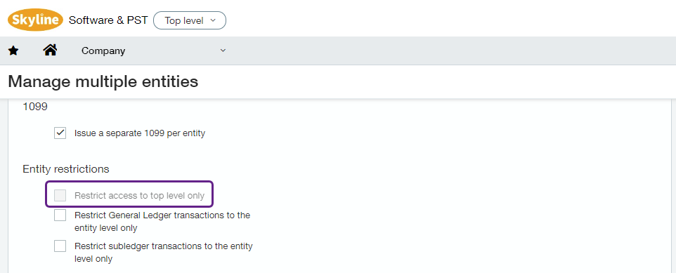 Restrict access to top level only checkbox unchecked in Sage Intacct
