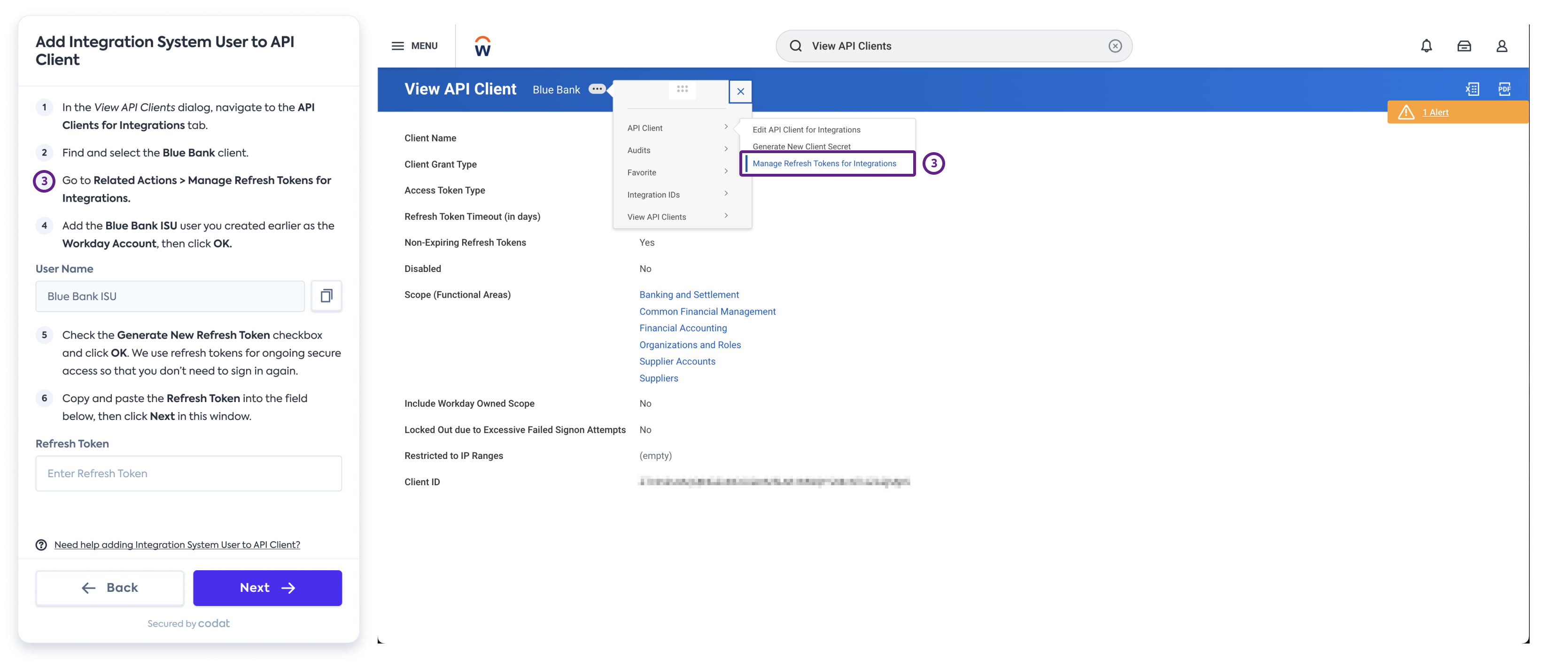 Screenshot of Workday’s interface displaying the navigation path for View API Client's Related Actions > Manage Refresh Tokens for Integrations.